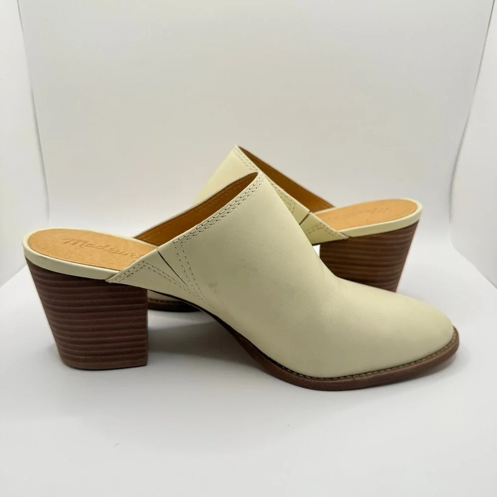 Madewell Woman's Harper Ivory Bone Leather Slip On‎ Stacked Block Heels- Size 8
